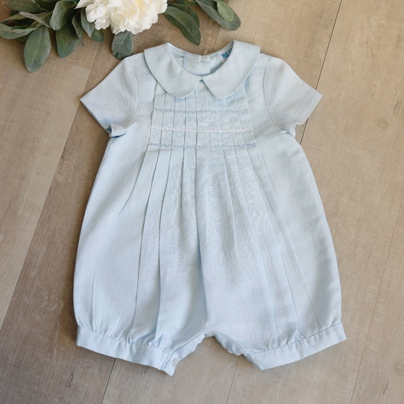 Blue Linen Romper Boutique Luli & Me Boys 3/6 Months PERFECT LIKE NEW